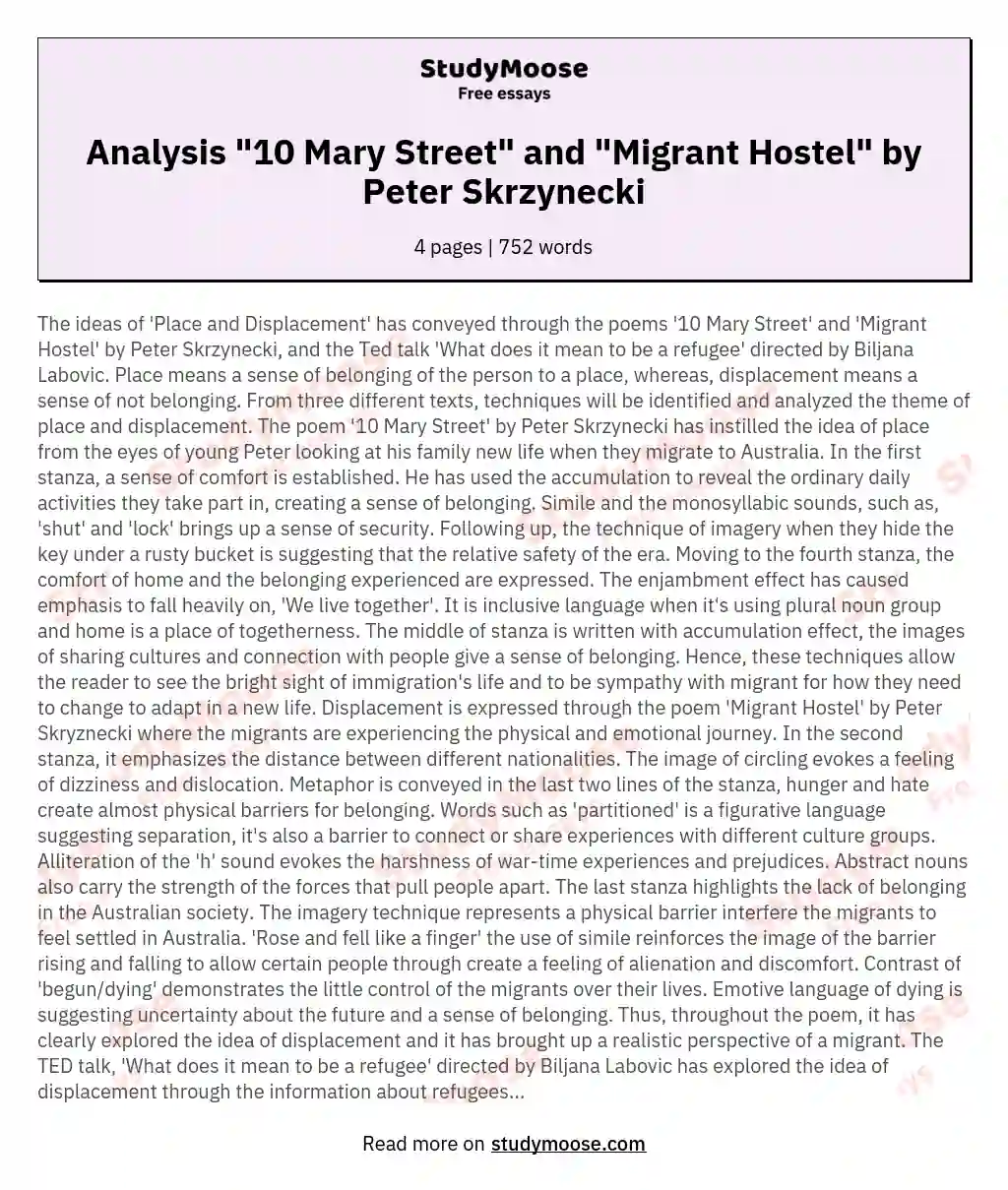 Analysis "10 Mary Street" and "Migrant Hostel" by Peter Skrzynecki