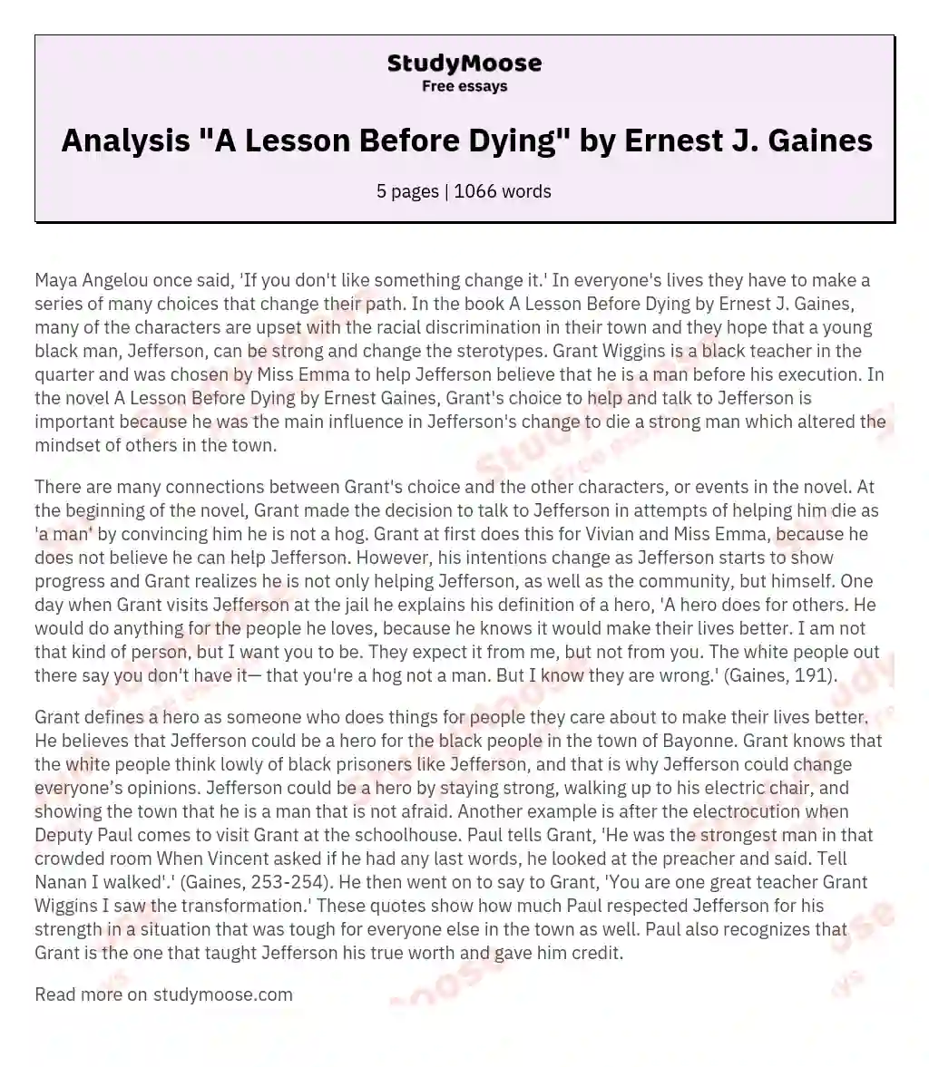 Analysis "A Lesson Before Dying" by Ernest J. Gaines essay
