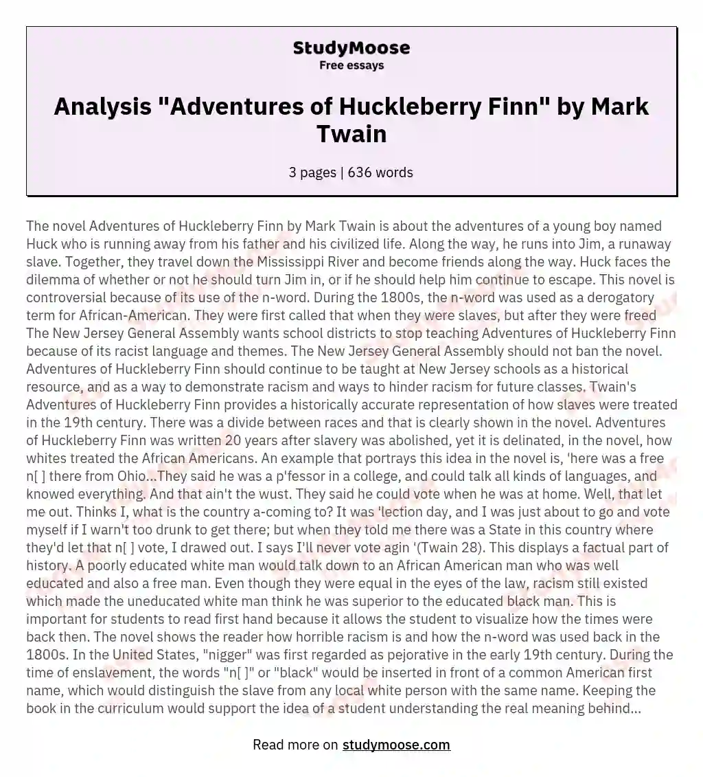 Analysis "Adventures of Huckleberry Finn" by Mark Twain
