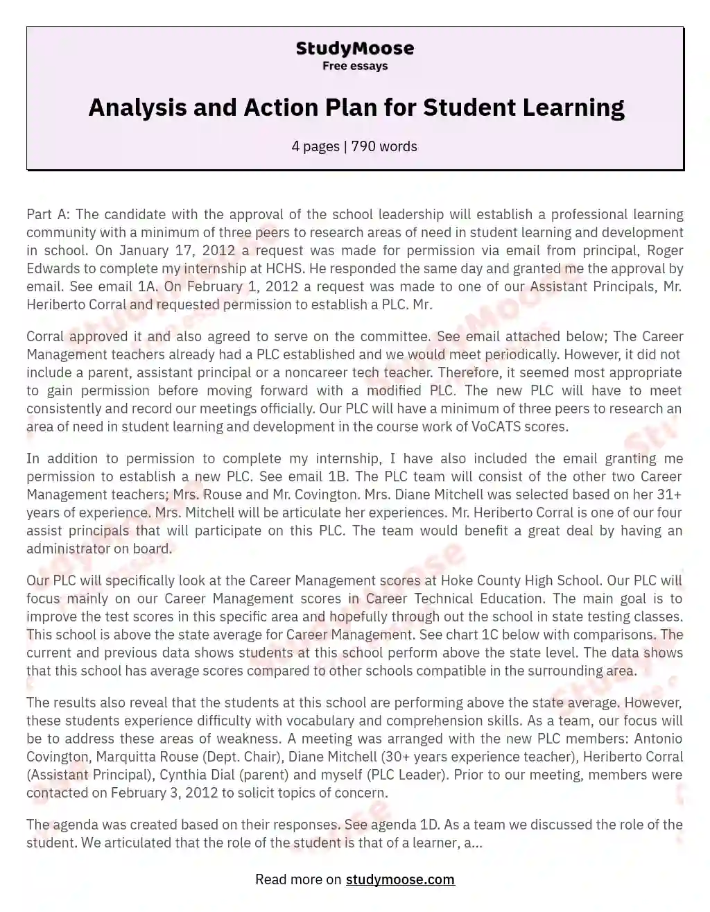 Analysis and Action Plan for Student Learning