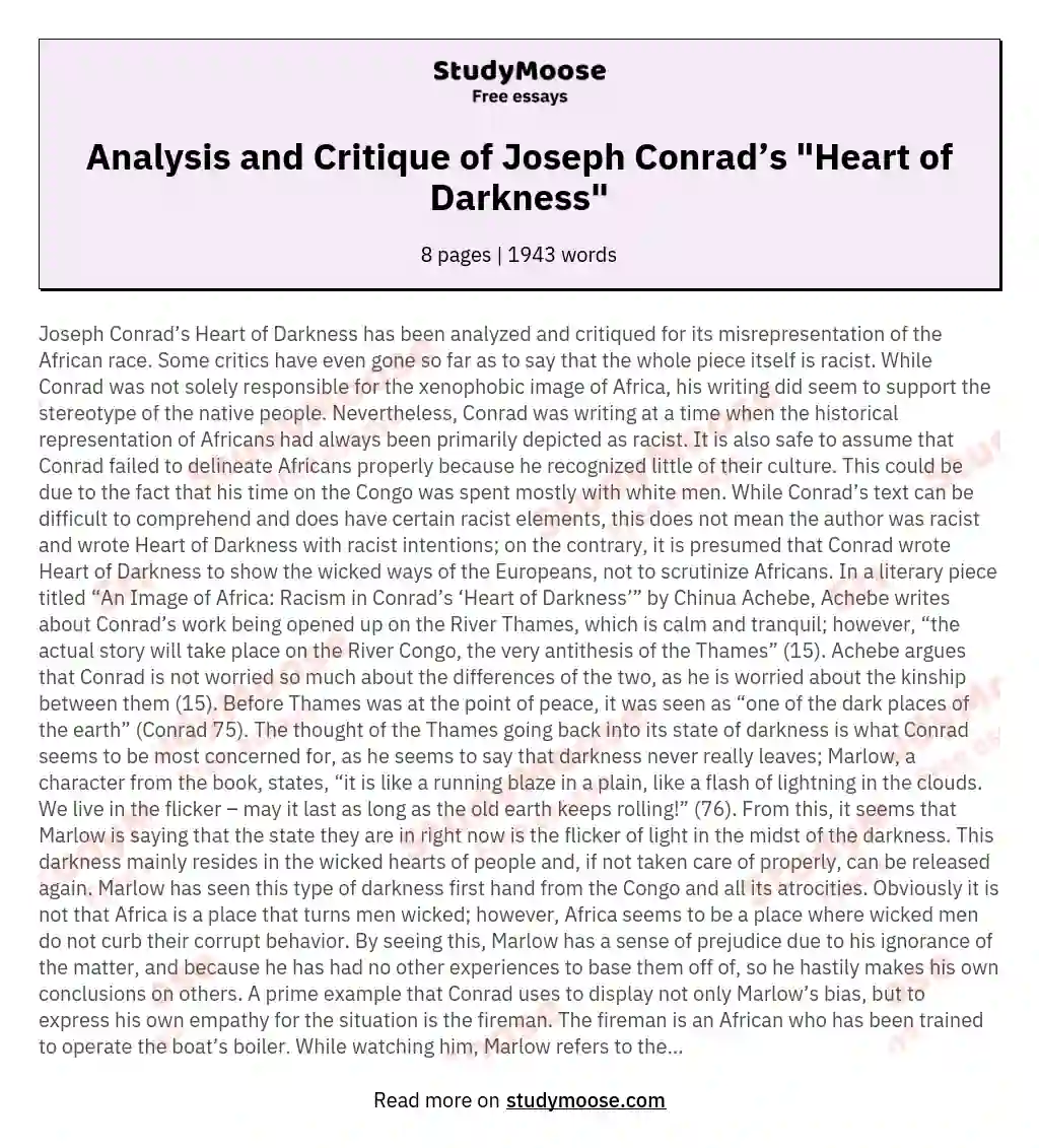Analysis and Critique of Joseph Conrad’s "Heart of Darkness" essay