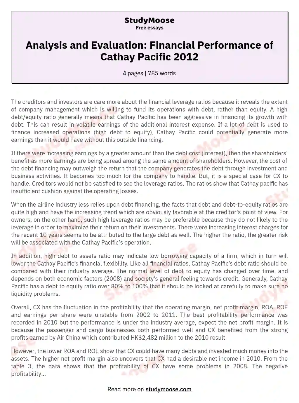Analysis and Evaluation: Financial Performance of Cathay Pacific 2012 essay