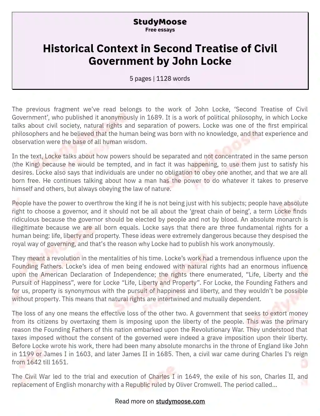 Analysis and Historical Context from Second Treatise of Civil Government by John Locke
