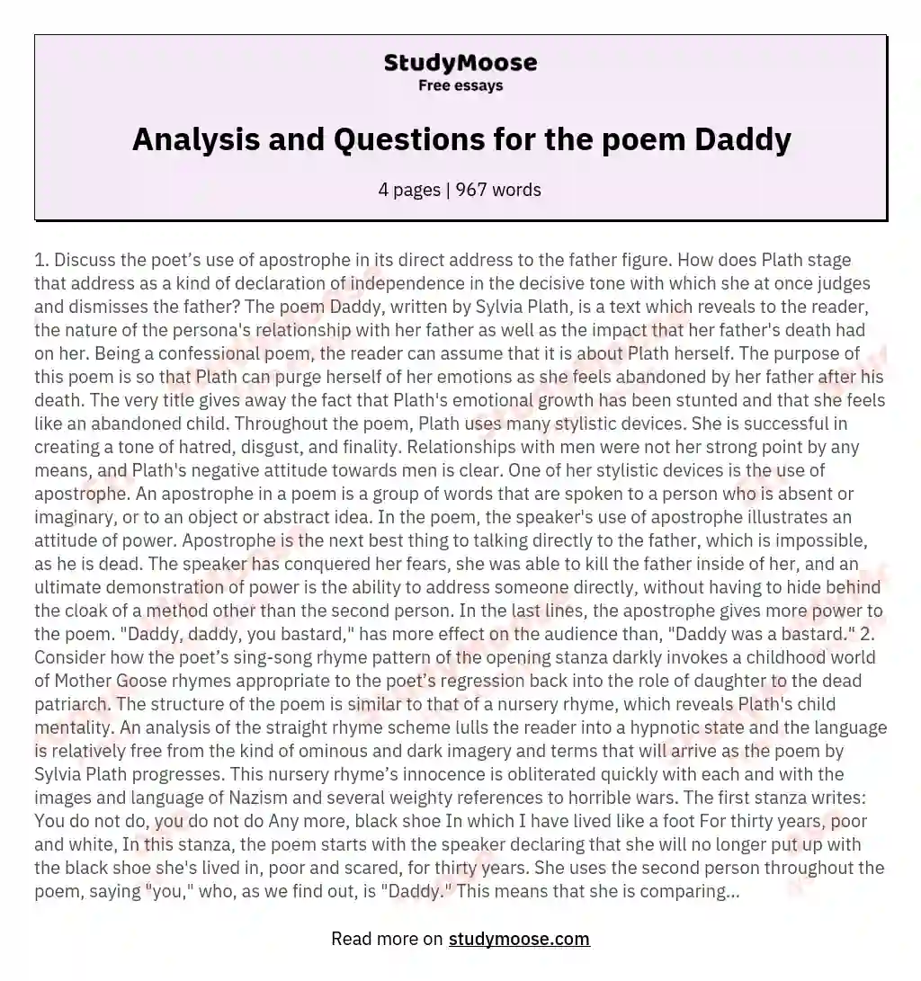 Analysis and Questions for the poem Daddy essay