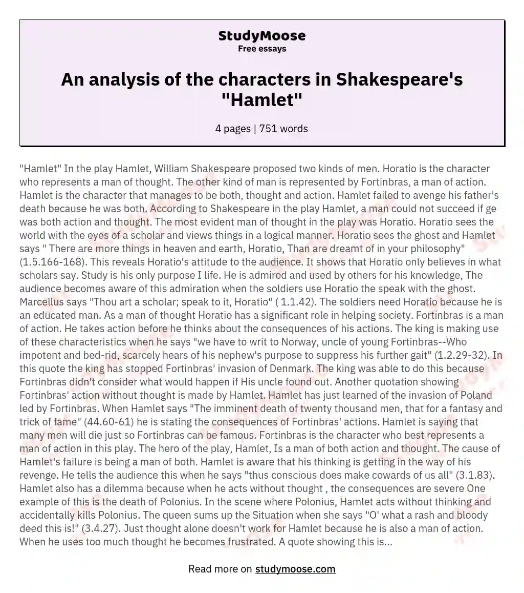 An analysis of the characters in Shakespeare's "Hamlet" essay