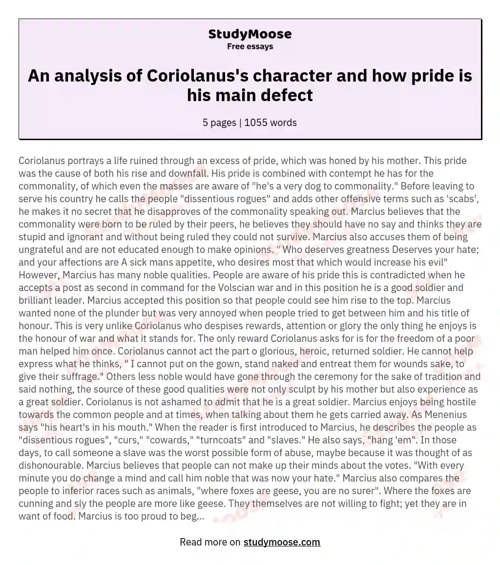 An analysis of Coriolanus's character and how pride is his main defect