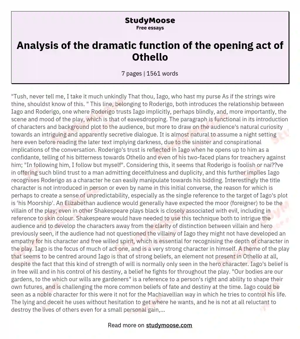Analysis of the dramatic function of the opening act of Othello essay