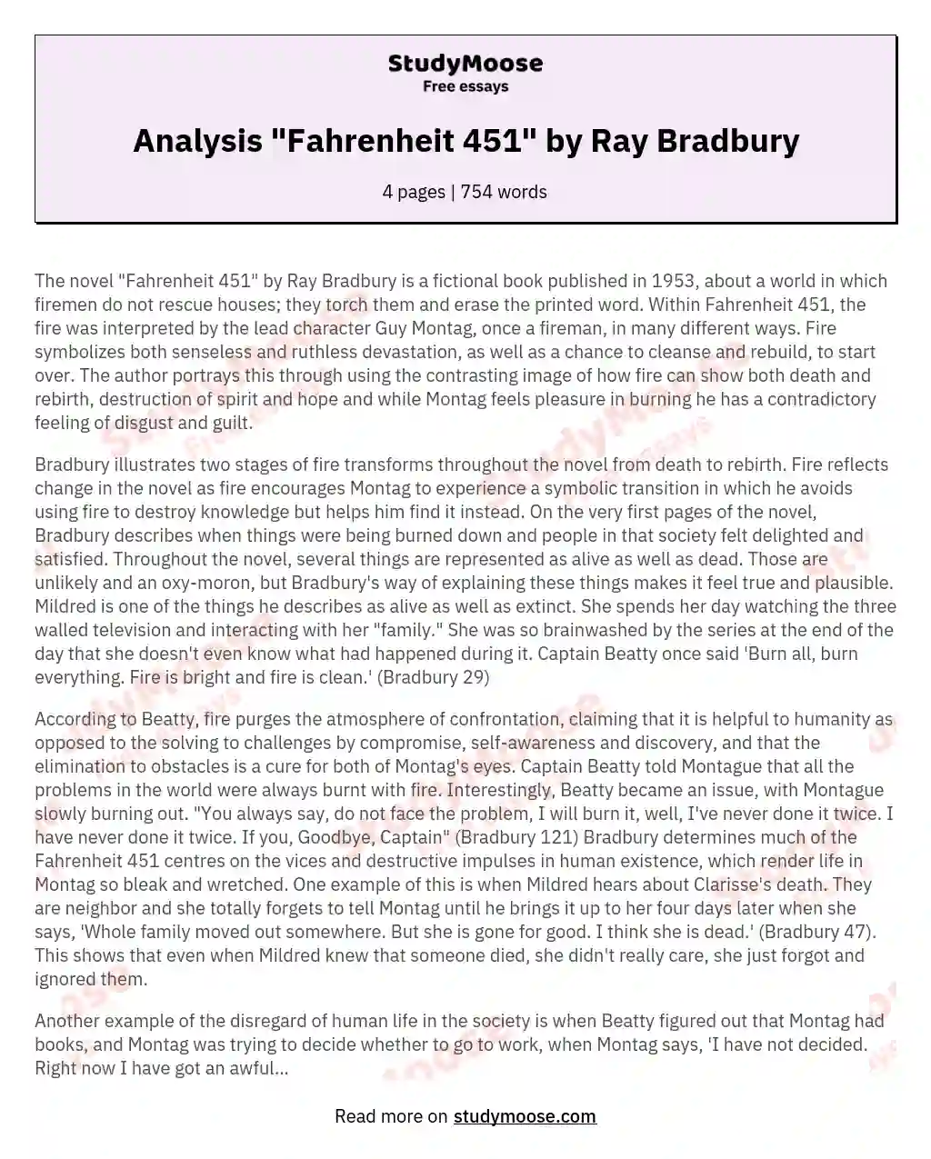 Analysis "Fahrenheit 451" by Ray Bradbury essay