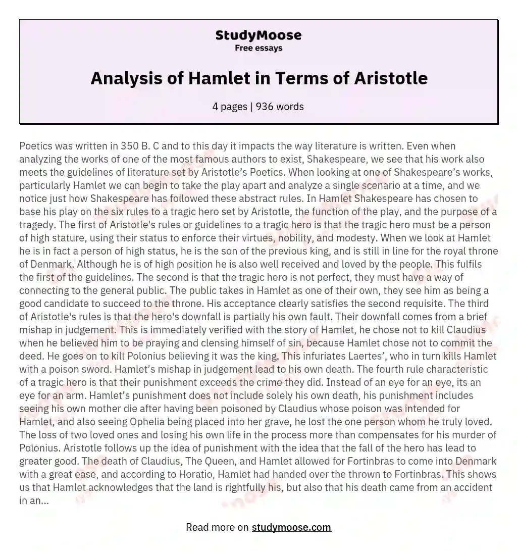 Analysis of Hamlet in Terms of Aristotle essay