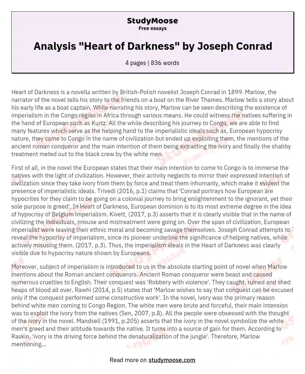 Analysis "Heart of Darkness" by Joseph Conrad essay