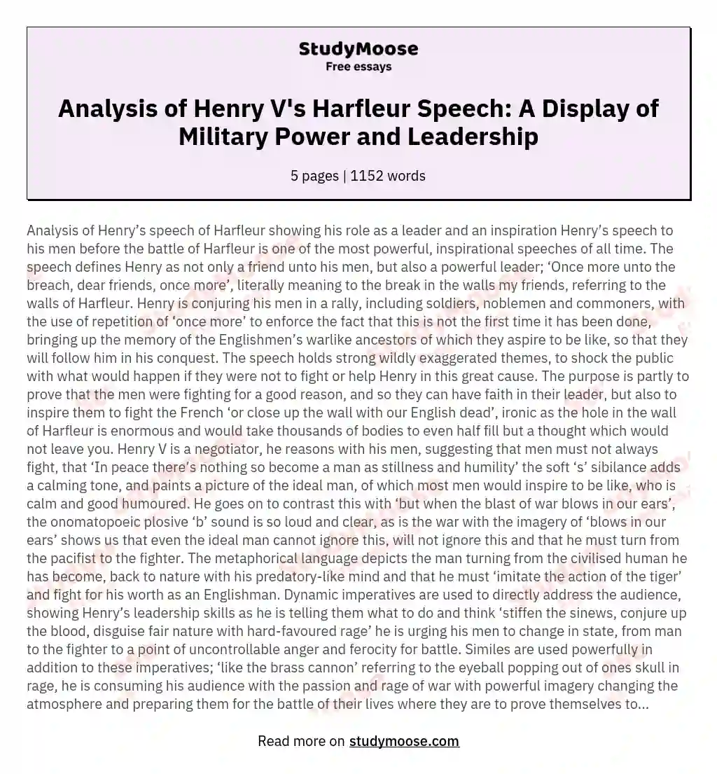 Analysis of Henry V's Harfleur Speech: A Display of Military Power and Leadership essay