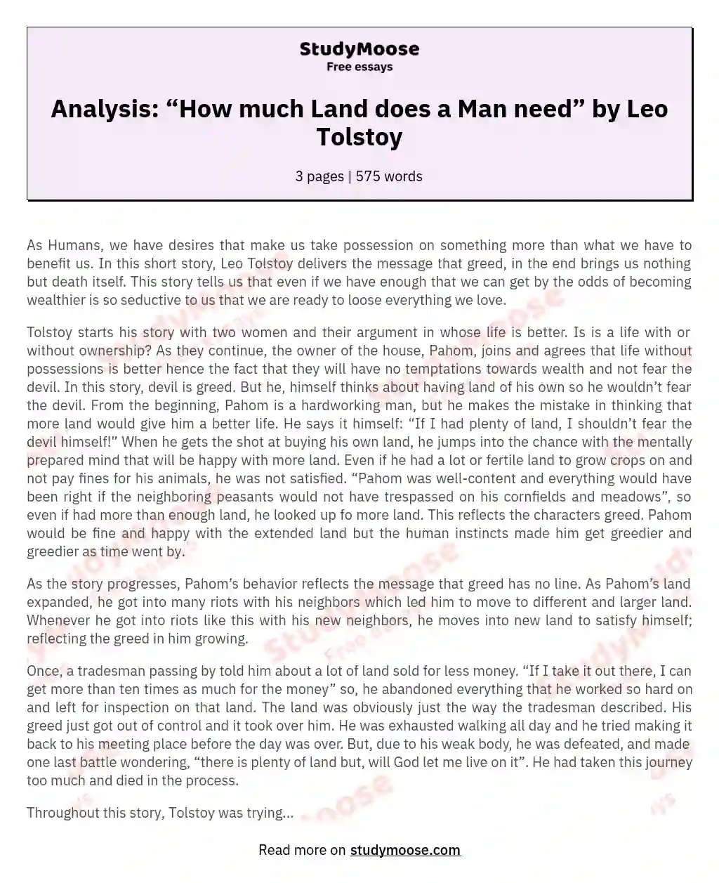 Analysis: “How much Land does a Man need” by Leo Tolstoy essay