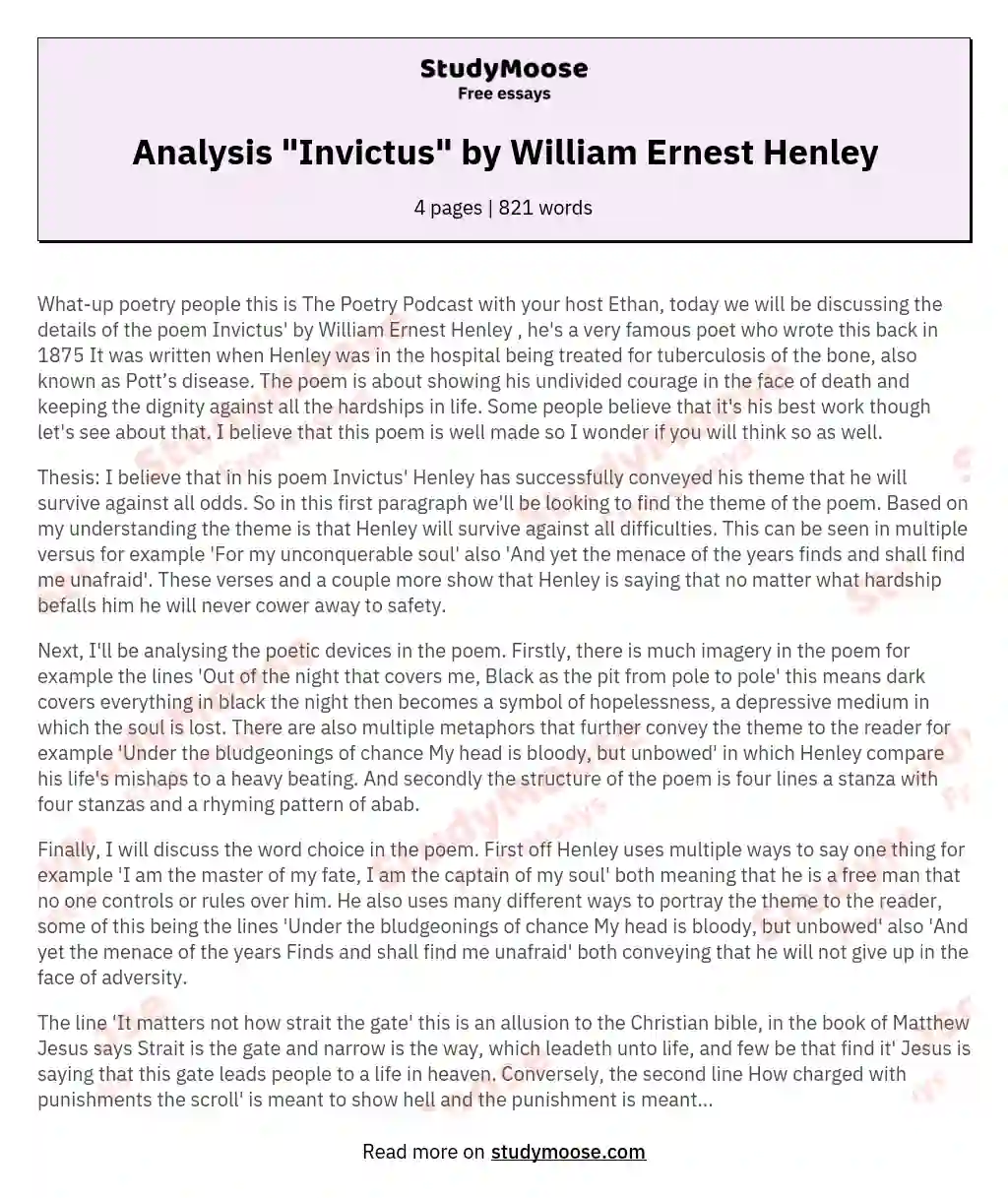 Analysis "Invictus" by William Ernest Henley essay