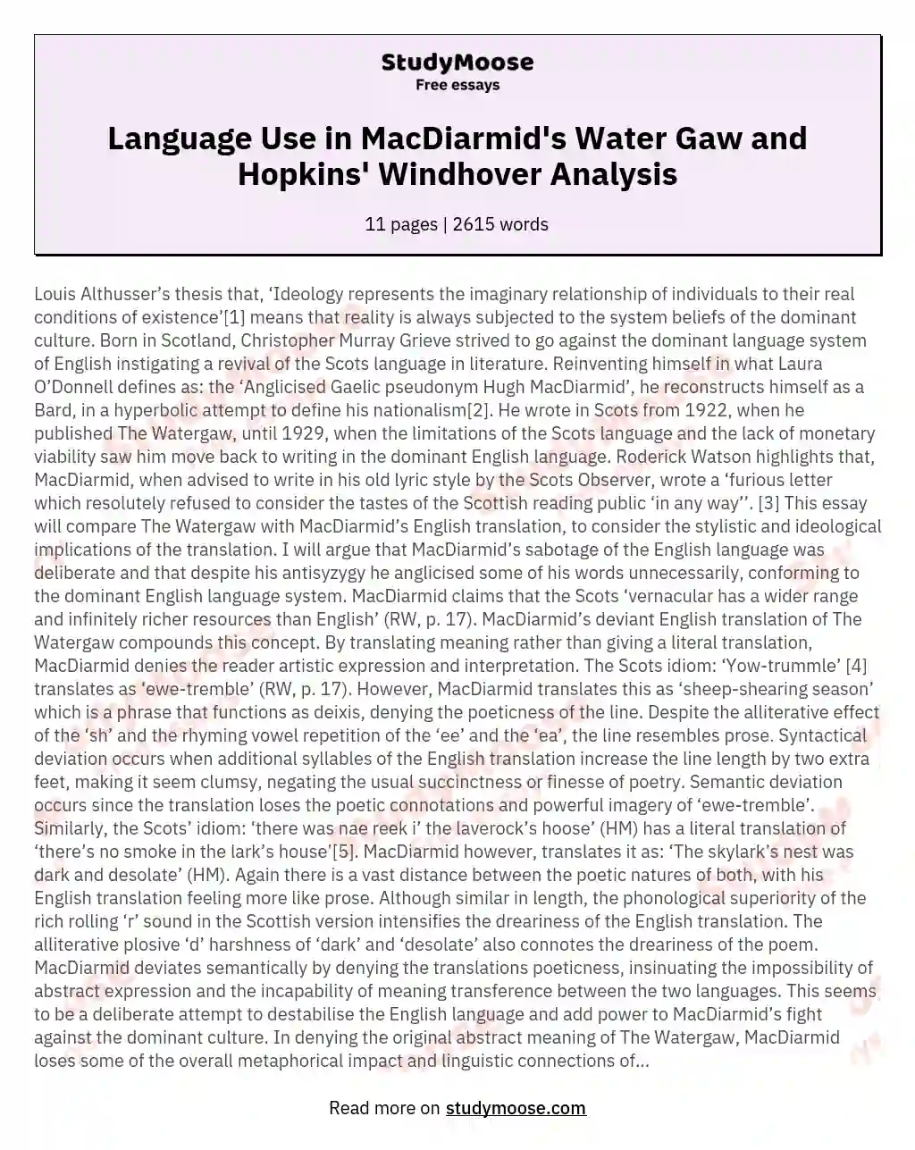 Language Use in MacDiarmid's Water Gaw and Hopkins' Windhover Analysis essay