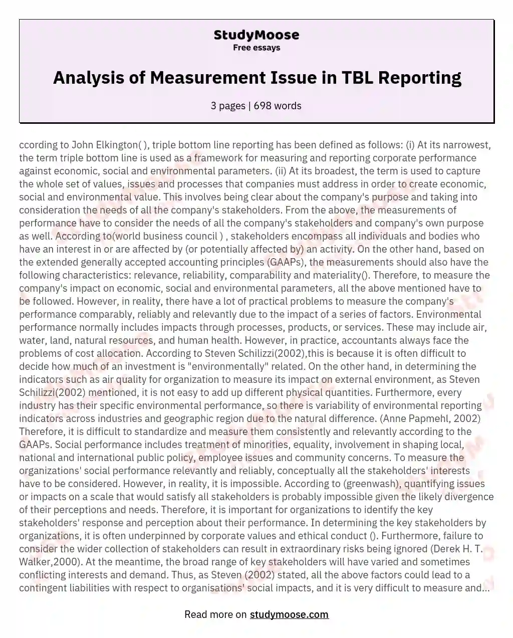 Analysis of Measurement Issue in TBL Reporting essay
