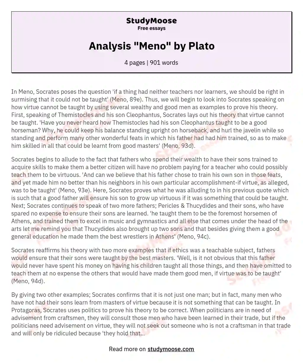 Analysis "Meno" by Plato essay