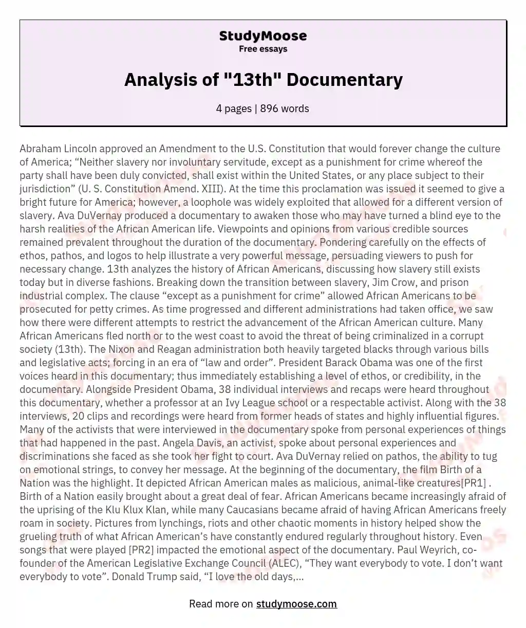 Analysis of "13th" Documentary essay
