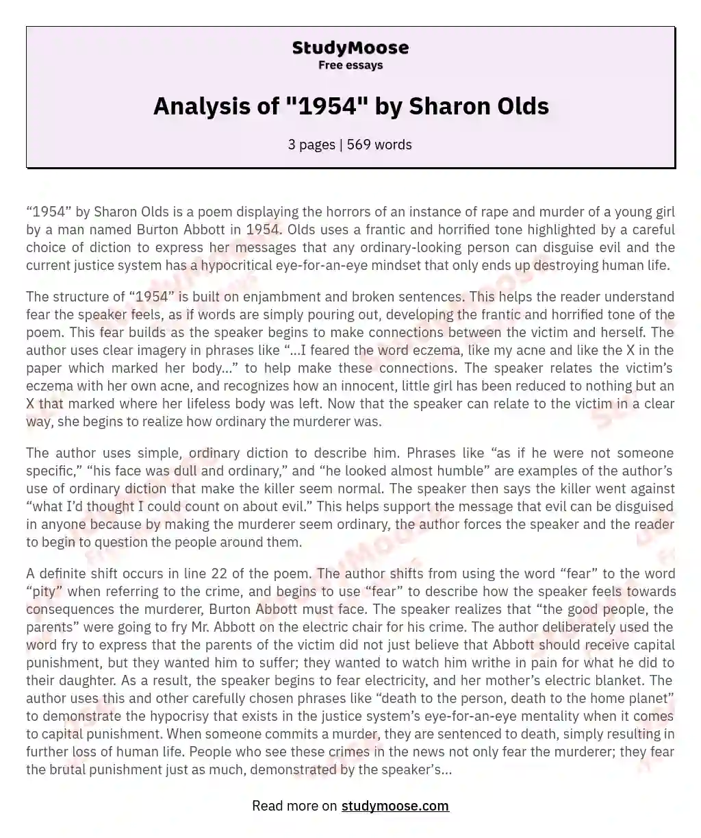 Analysis of "1954" by Sharon Olds essay