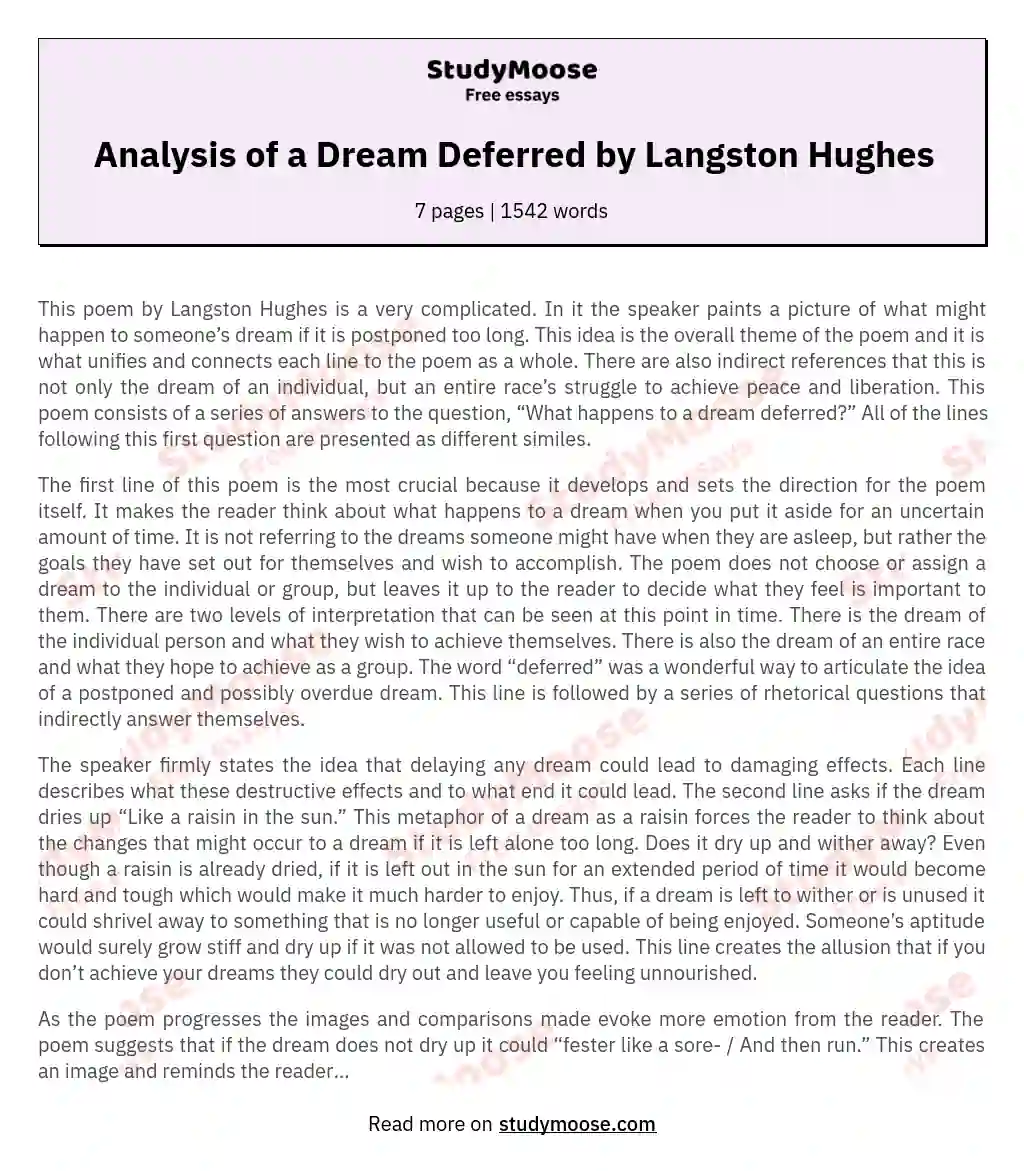 Analysis of a Dream Deferred by Langston Hughes essay
