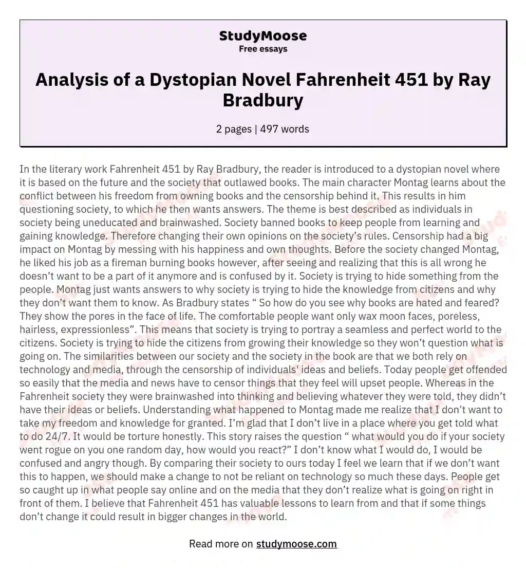 Analysis of a Dystopian Novel Fahrenheit 451 by Ray Bradbury essay