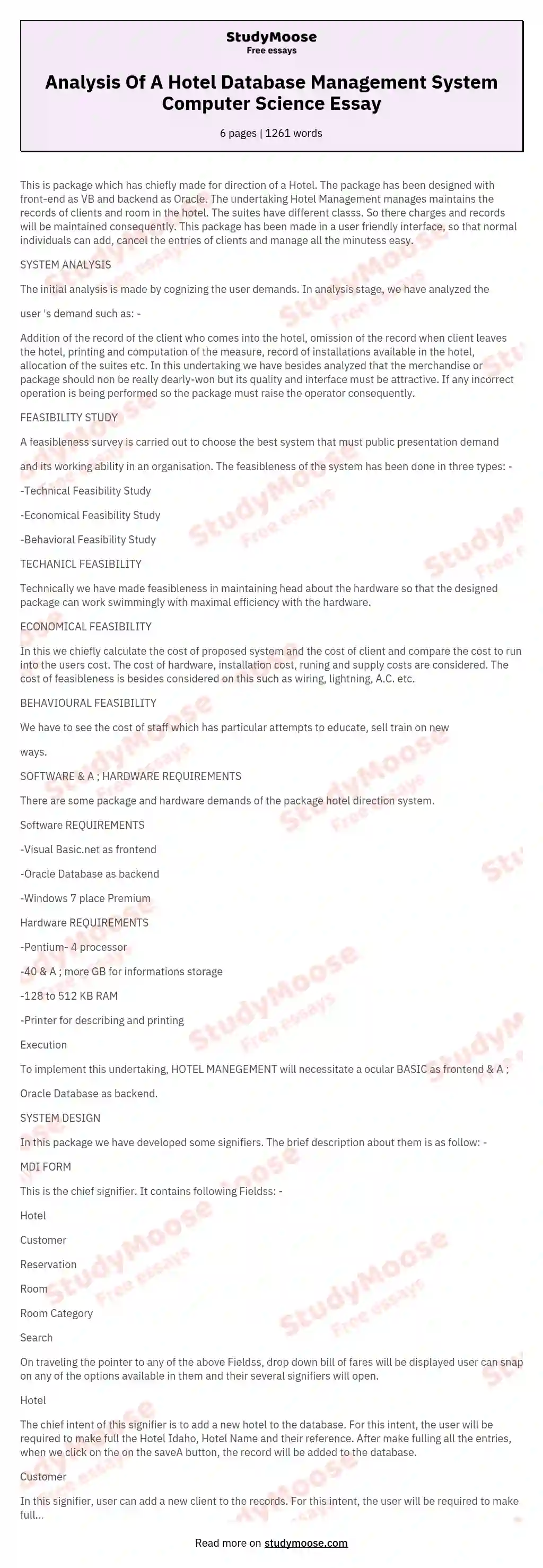 Analysis Of A Hotel Database Management System Computer Science Essay
