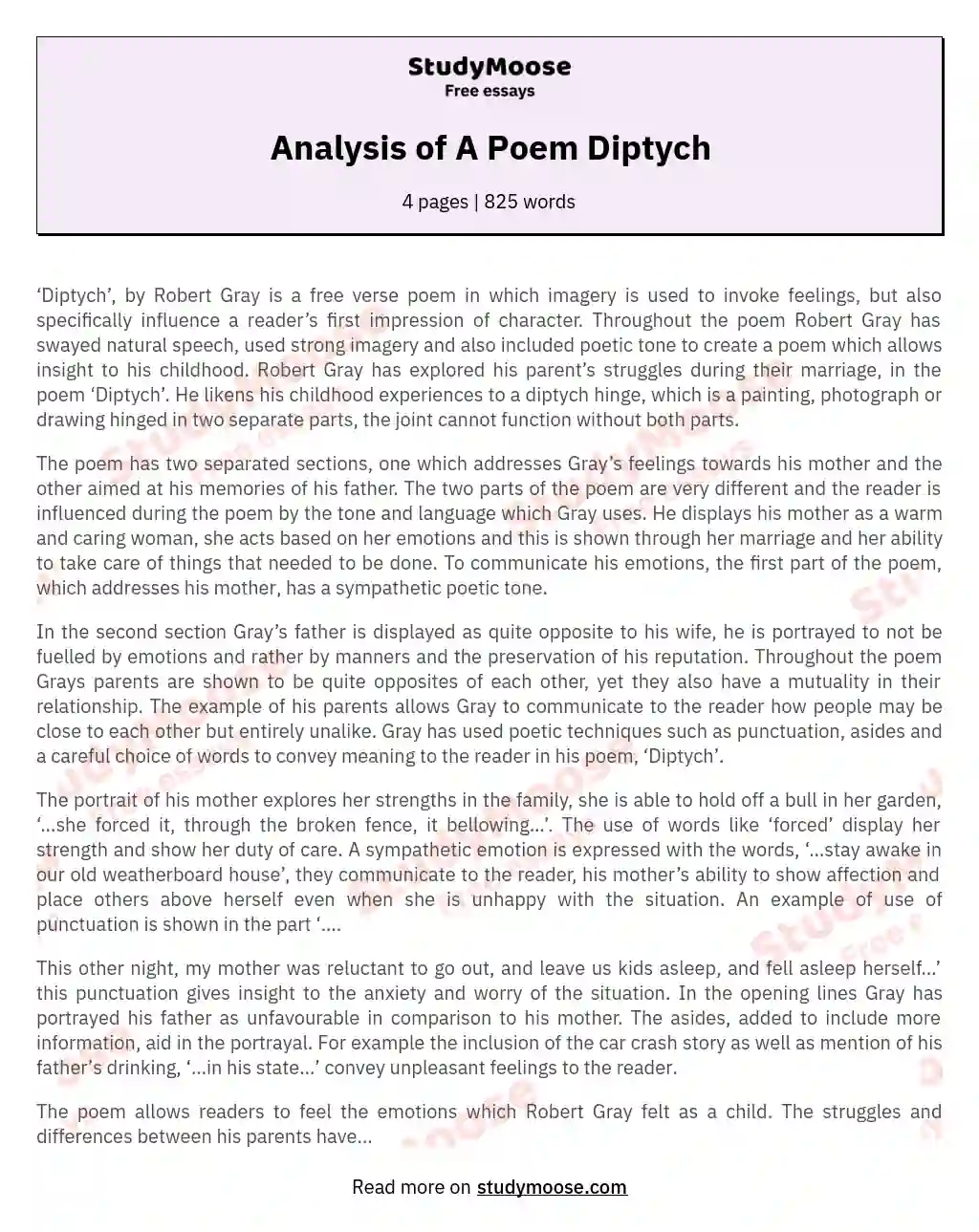 Analysis of A Poem Diptych essay