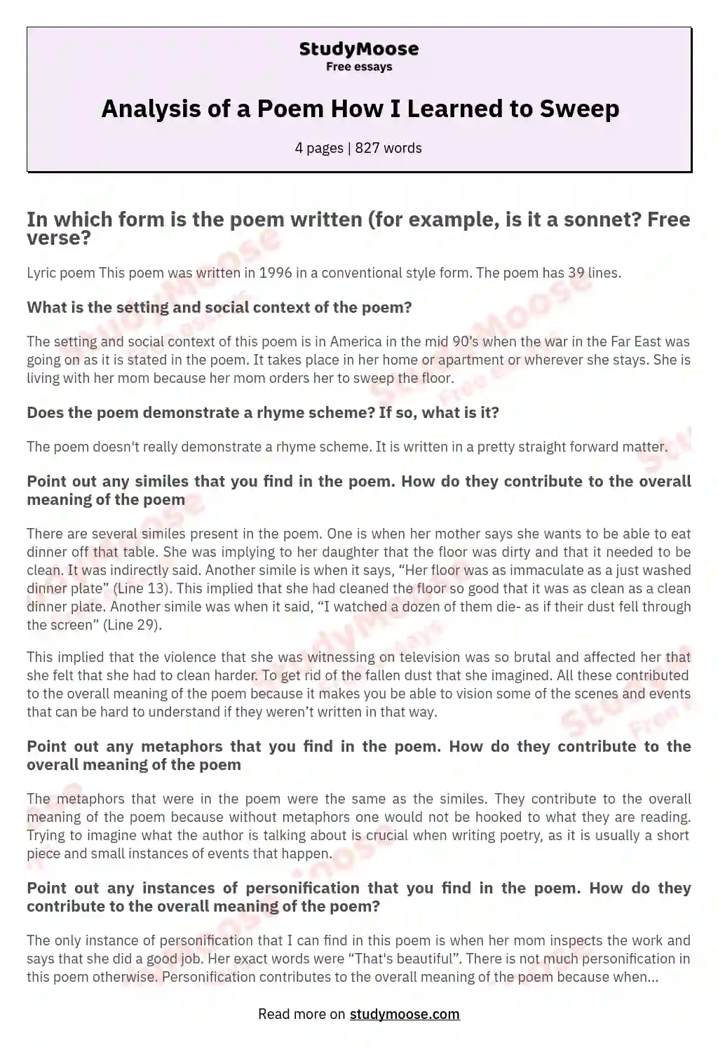 Analysis of a Poem How I Learned to Sweep essay