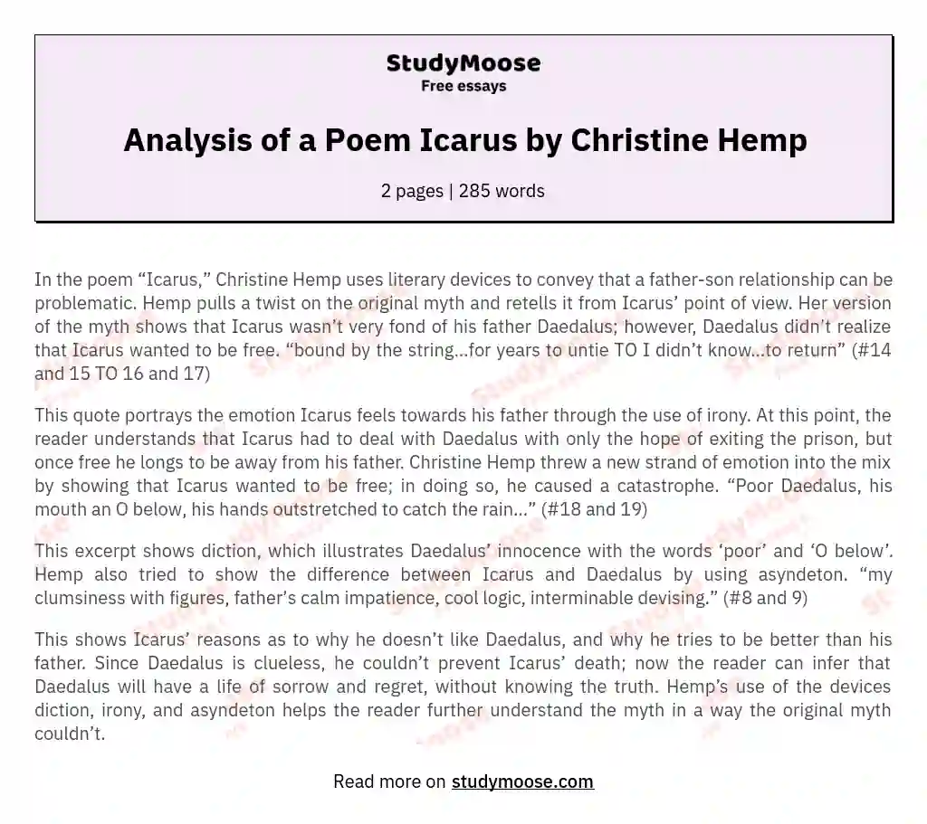 Analysis of a Poem Icarus by Christine Hemp essay