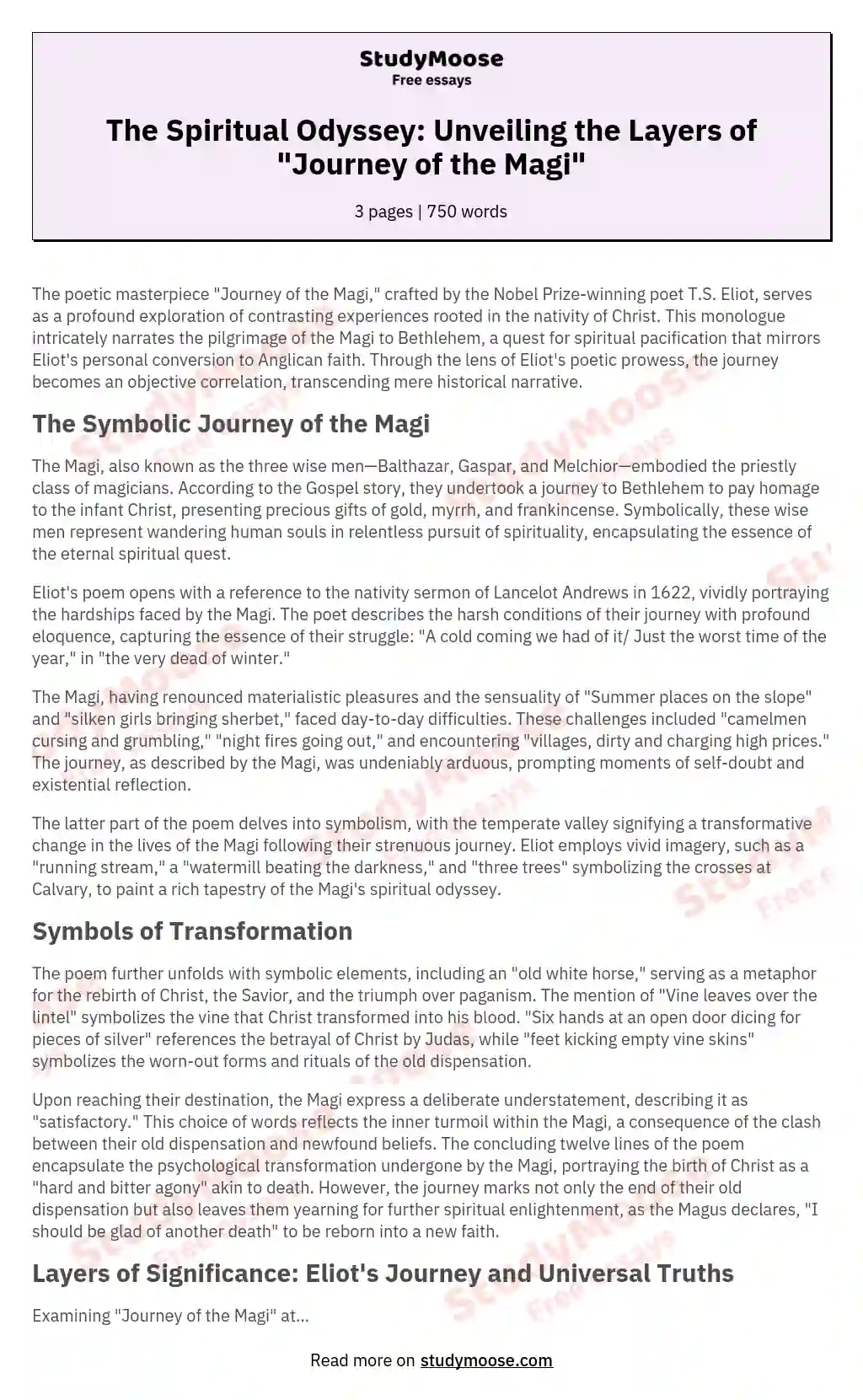 The Spiritual Odyssey: Unveiling the Layers of "Journey of the Magi" essay