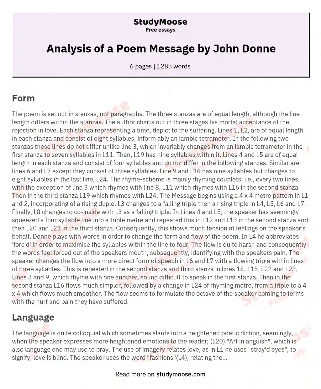 Analysis of a Poem Message by John Donne essay