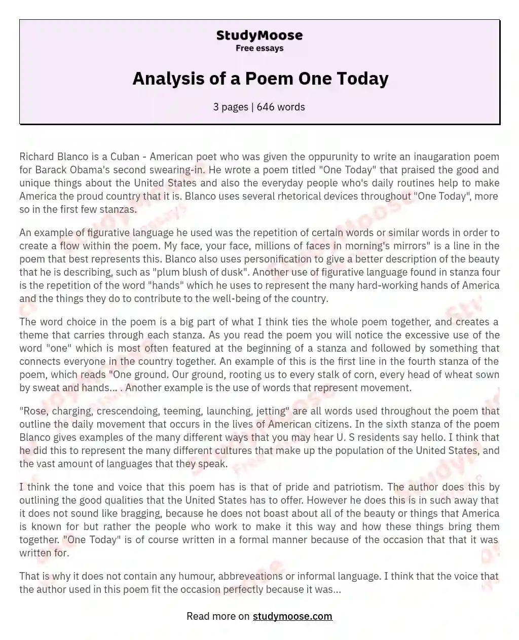 Analysis of a Poem One Today essay