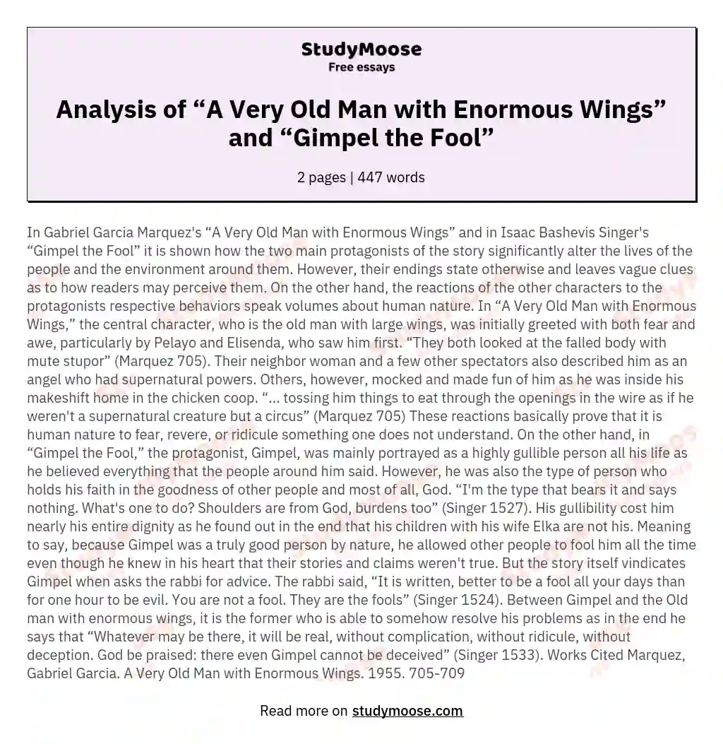 Analysis of “A Very Old Man with Enormous Wings” and “Gimpel the Fool” essay