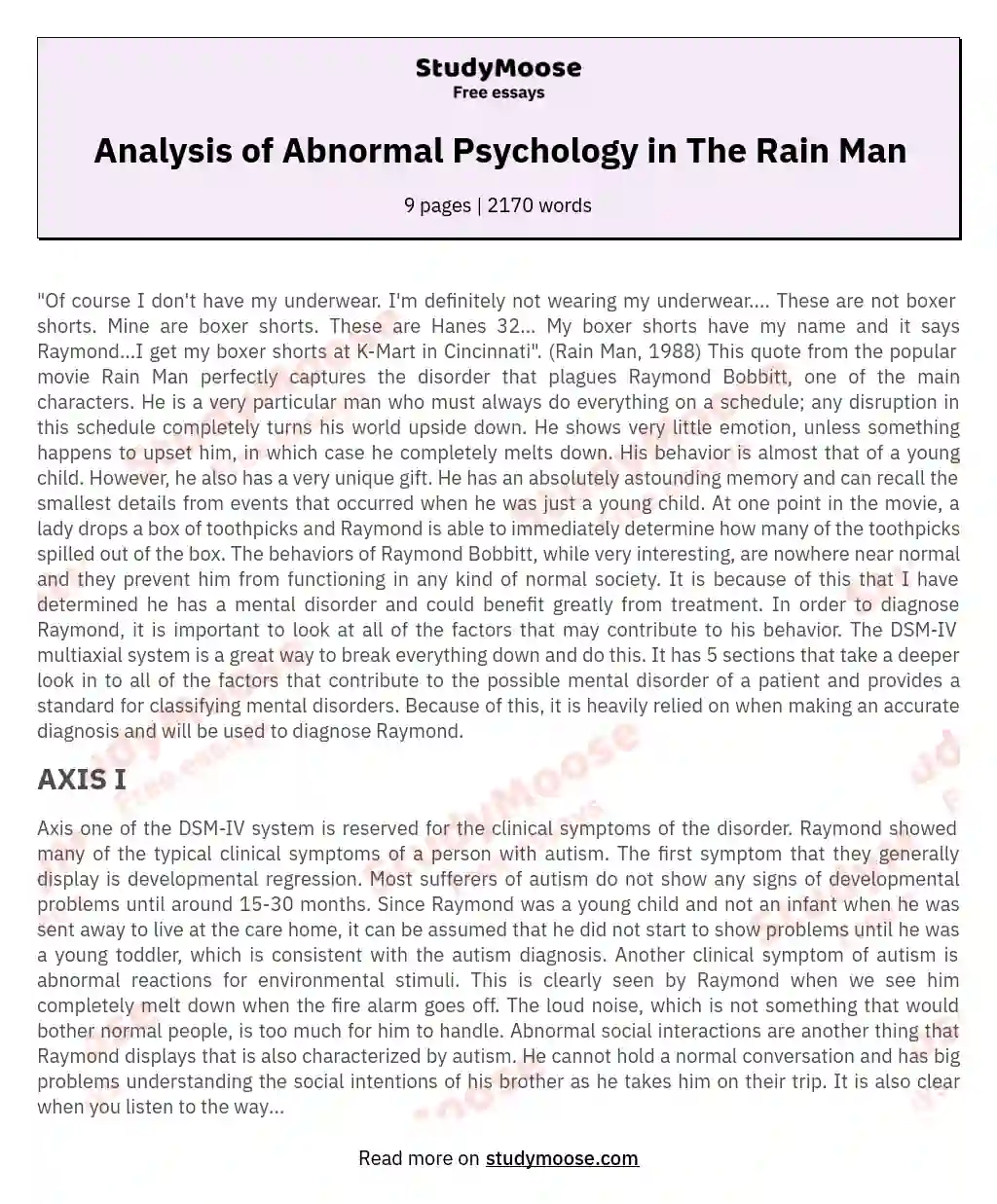 Analysis of Abnormal Psychology in The Rain Man