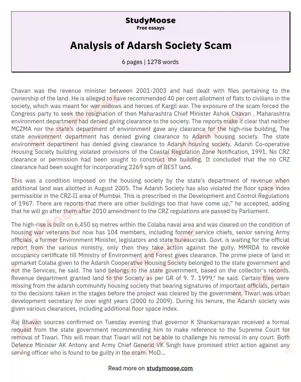Analysis of Adarsh Society Scam essay