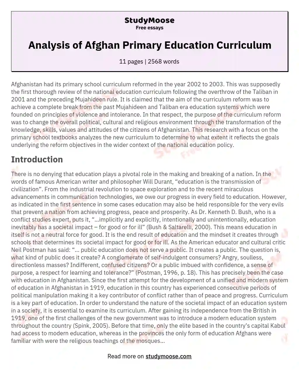 Analysis of Afghan Primary Education Curriculum essay