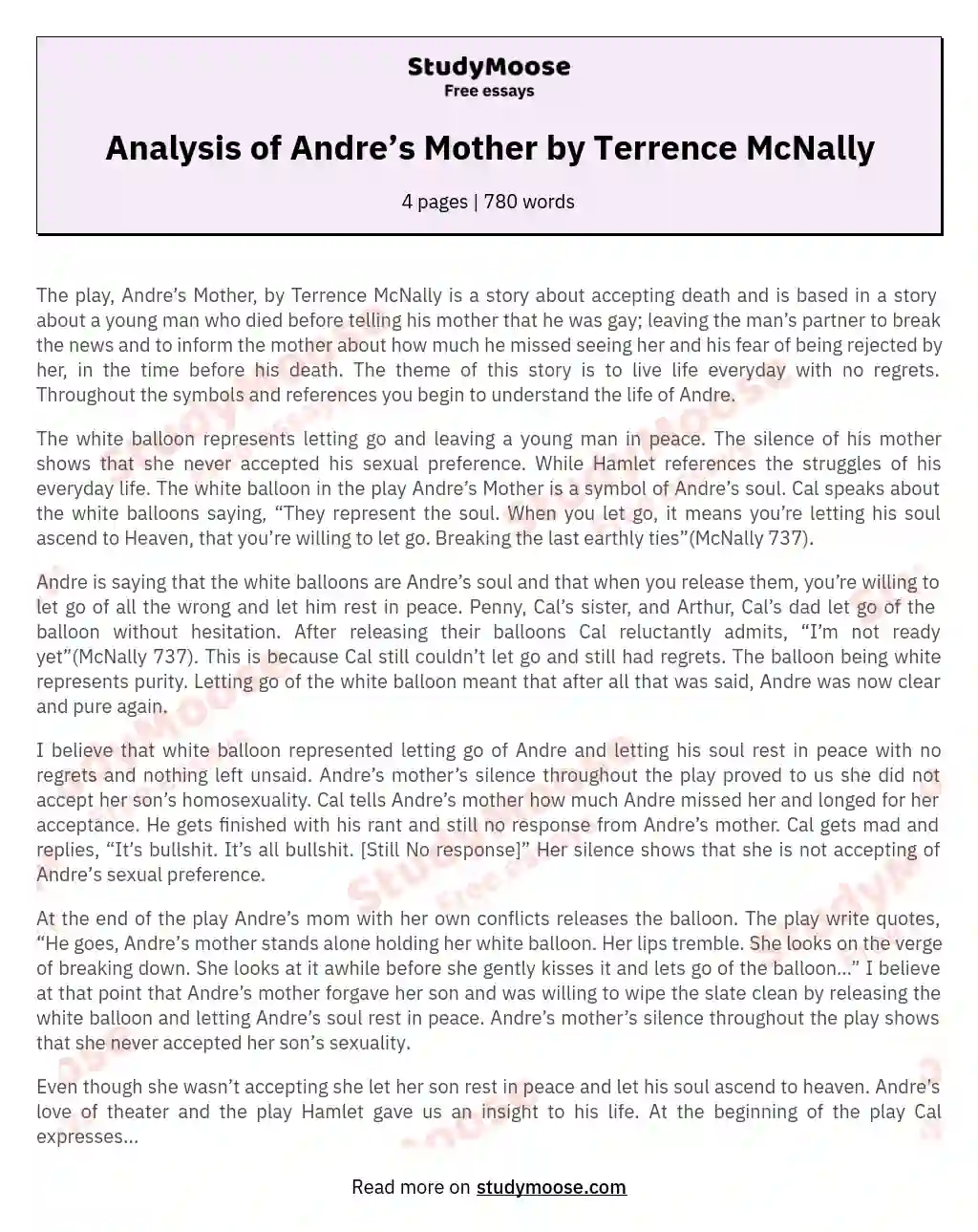 Analysis of Andre’s Mother by Terrence McNally essay