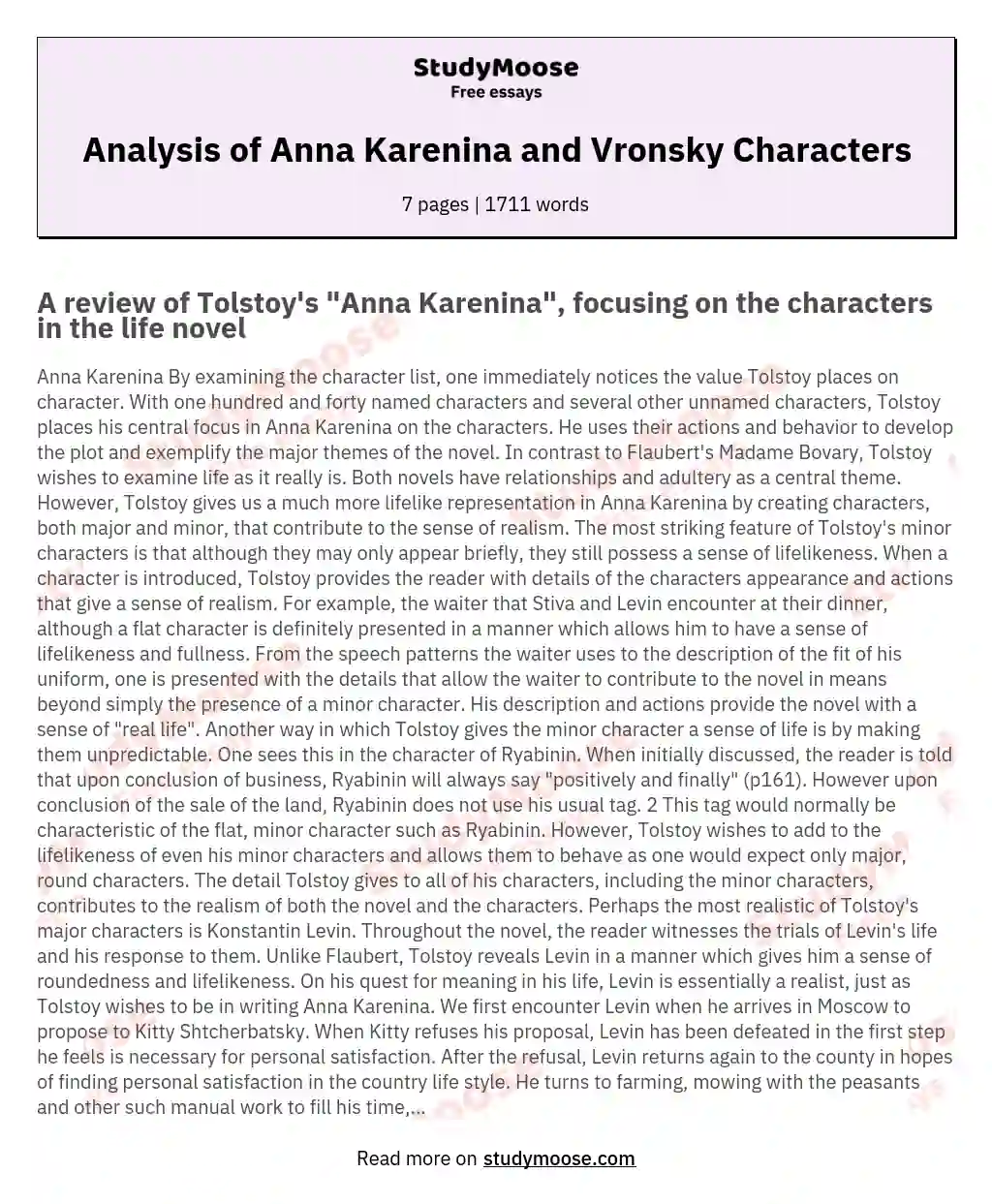 Analysis of Anna Karenina and Vronsky Characters