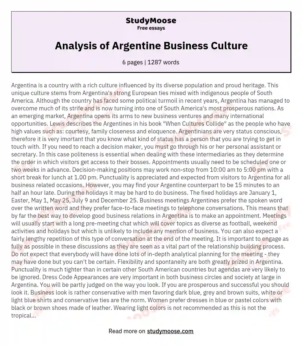 Analysis of Argentine Business Culture essay