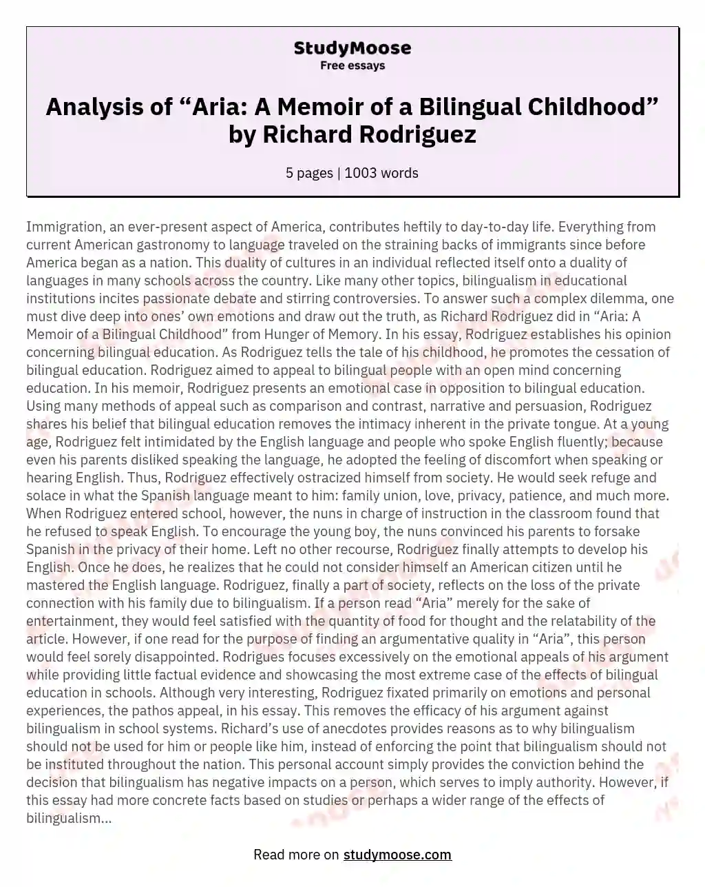 Analysis of “Aria: A Memoir of a Bilingual Childhood” by Richard Rodriguez essay