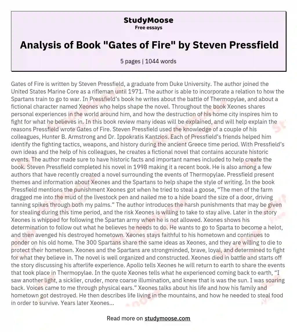Analysis of Book "Gates of Fire" by Steven Pressfield essay