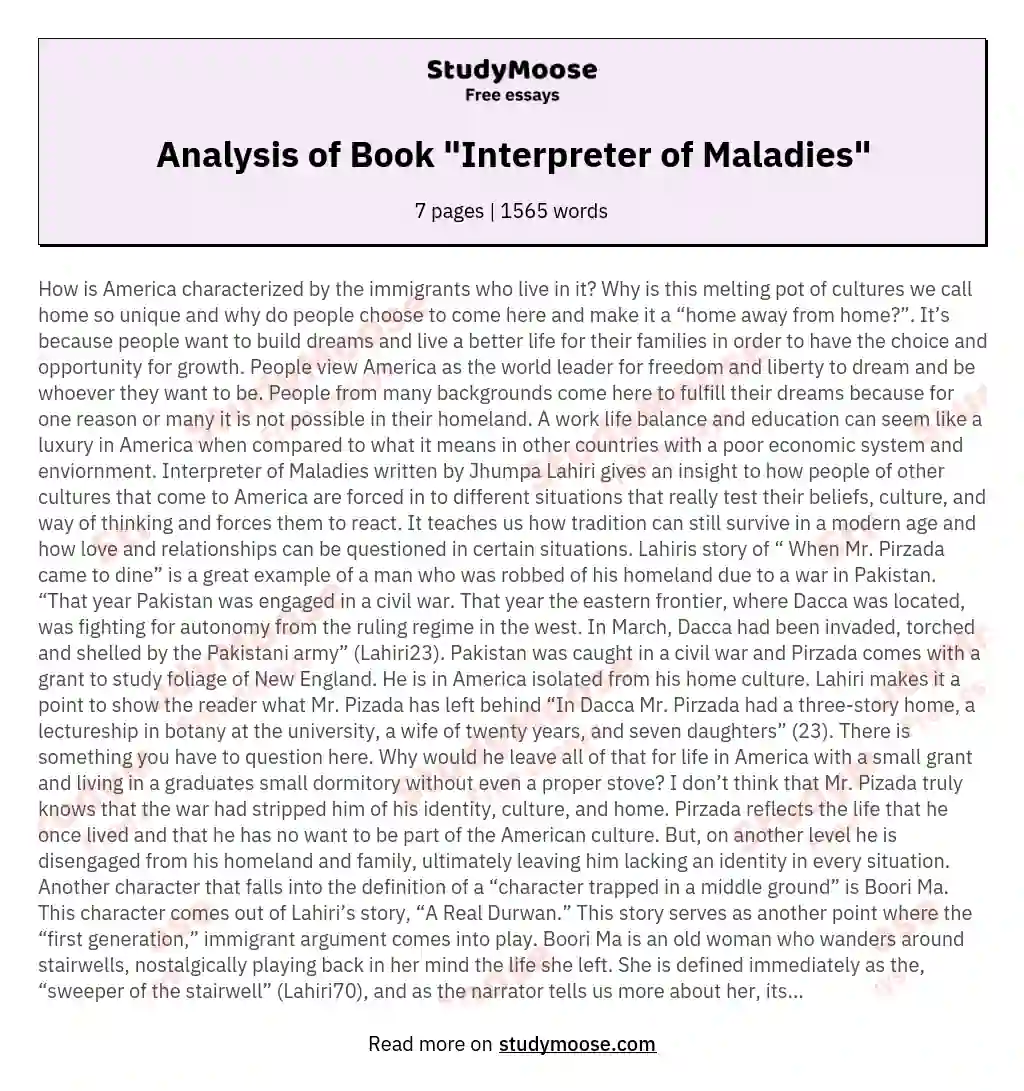 Analysis of Book "Interpreter of Maladies"