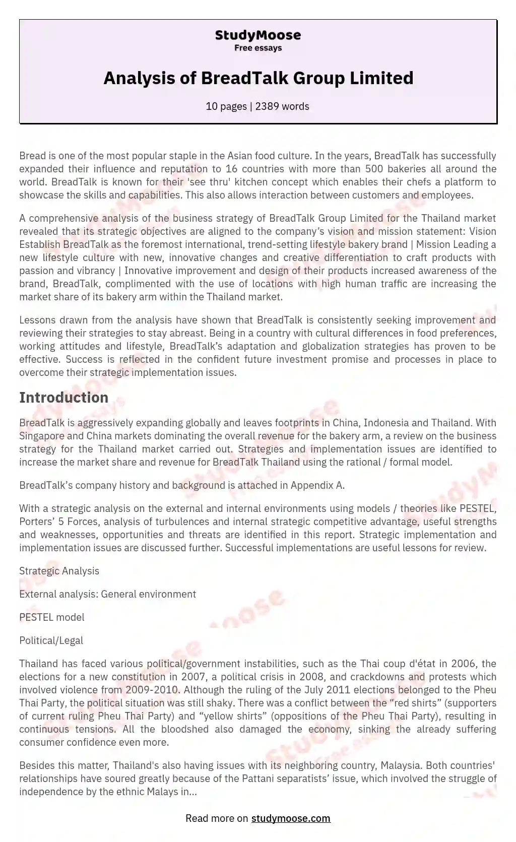 Analysis of BreadTalk Group Limited essay