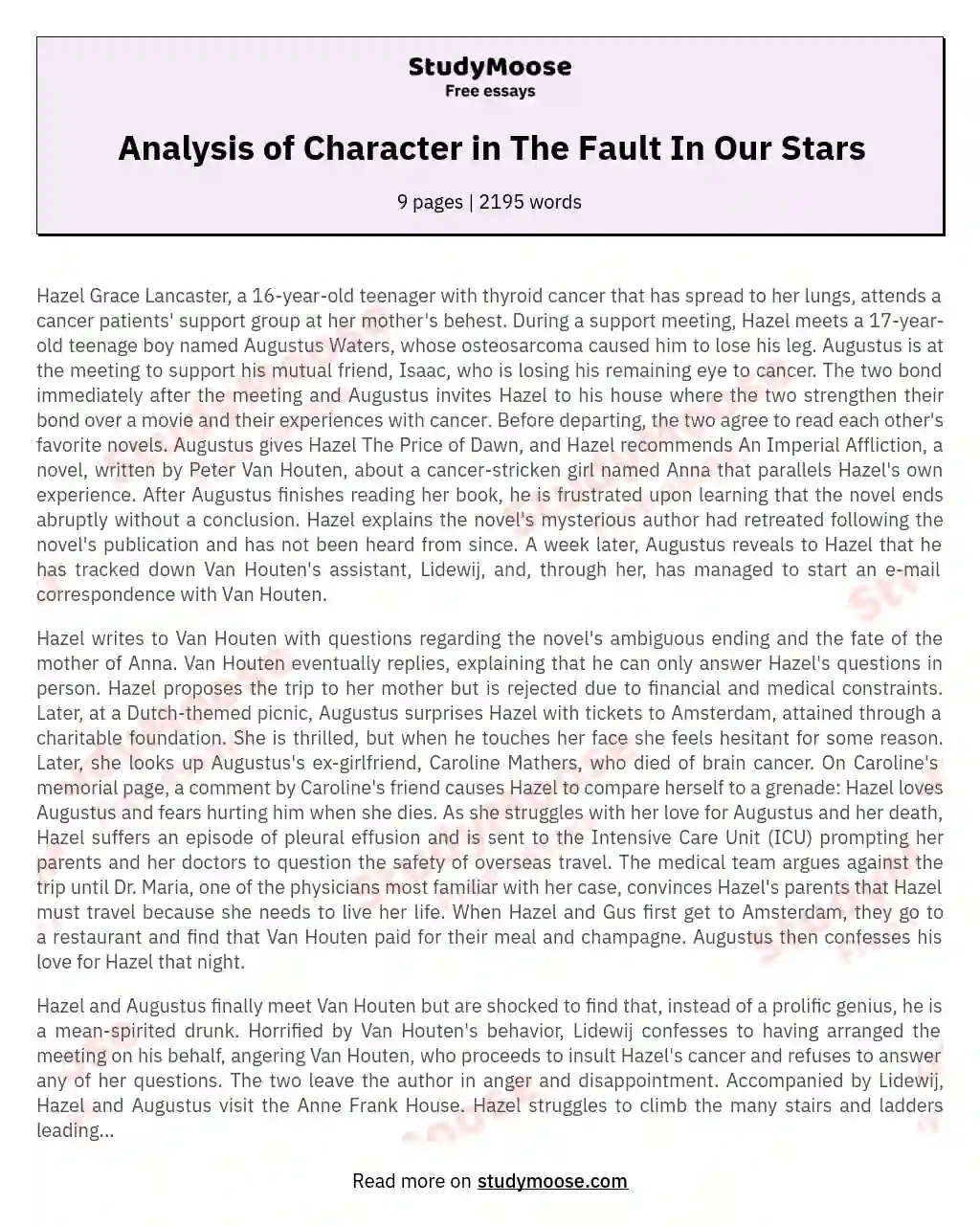 Analysis of Character in The Fault In Our Stars essay