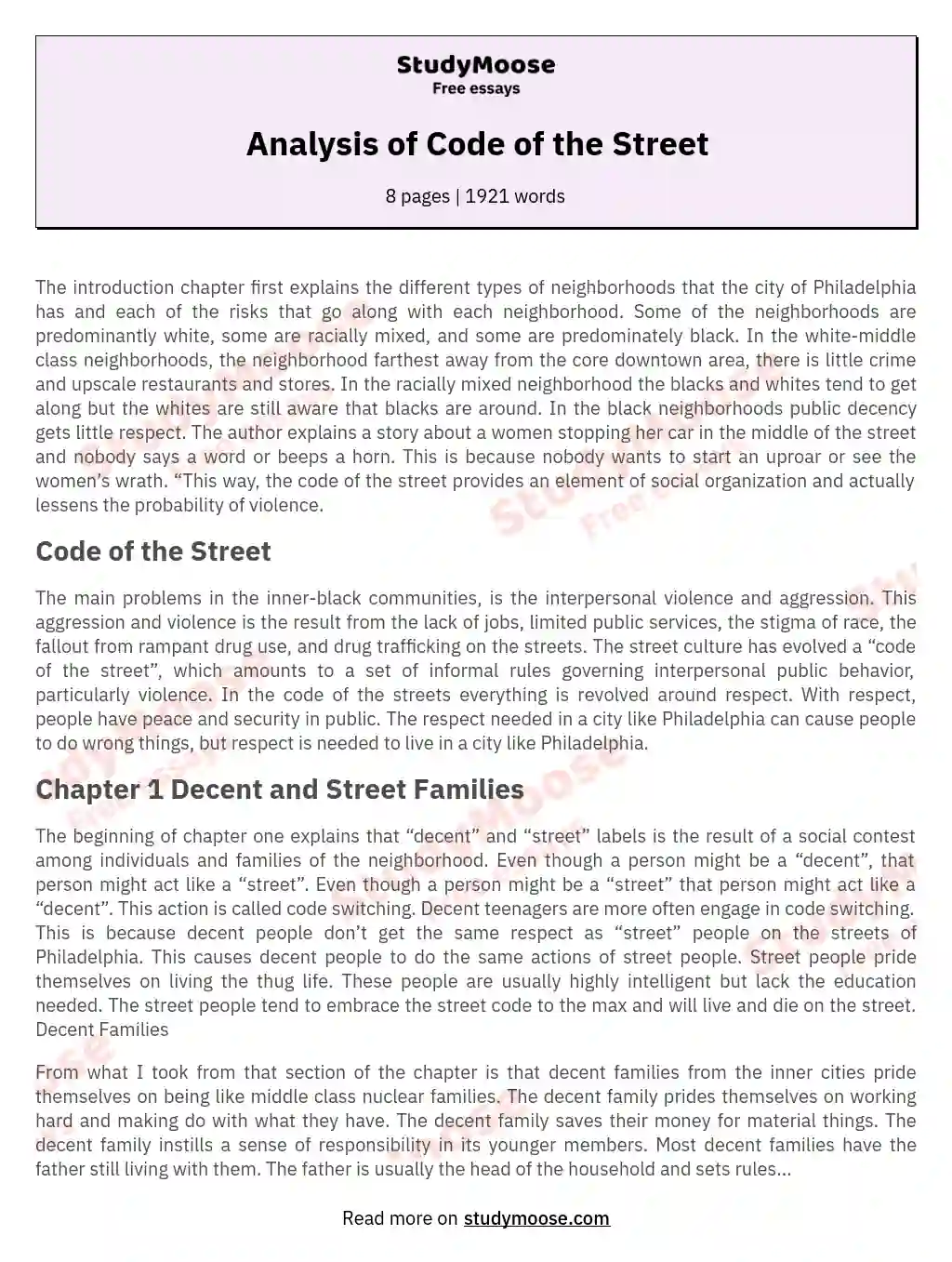 Analysis of Code of the Street essay