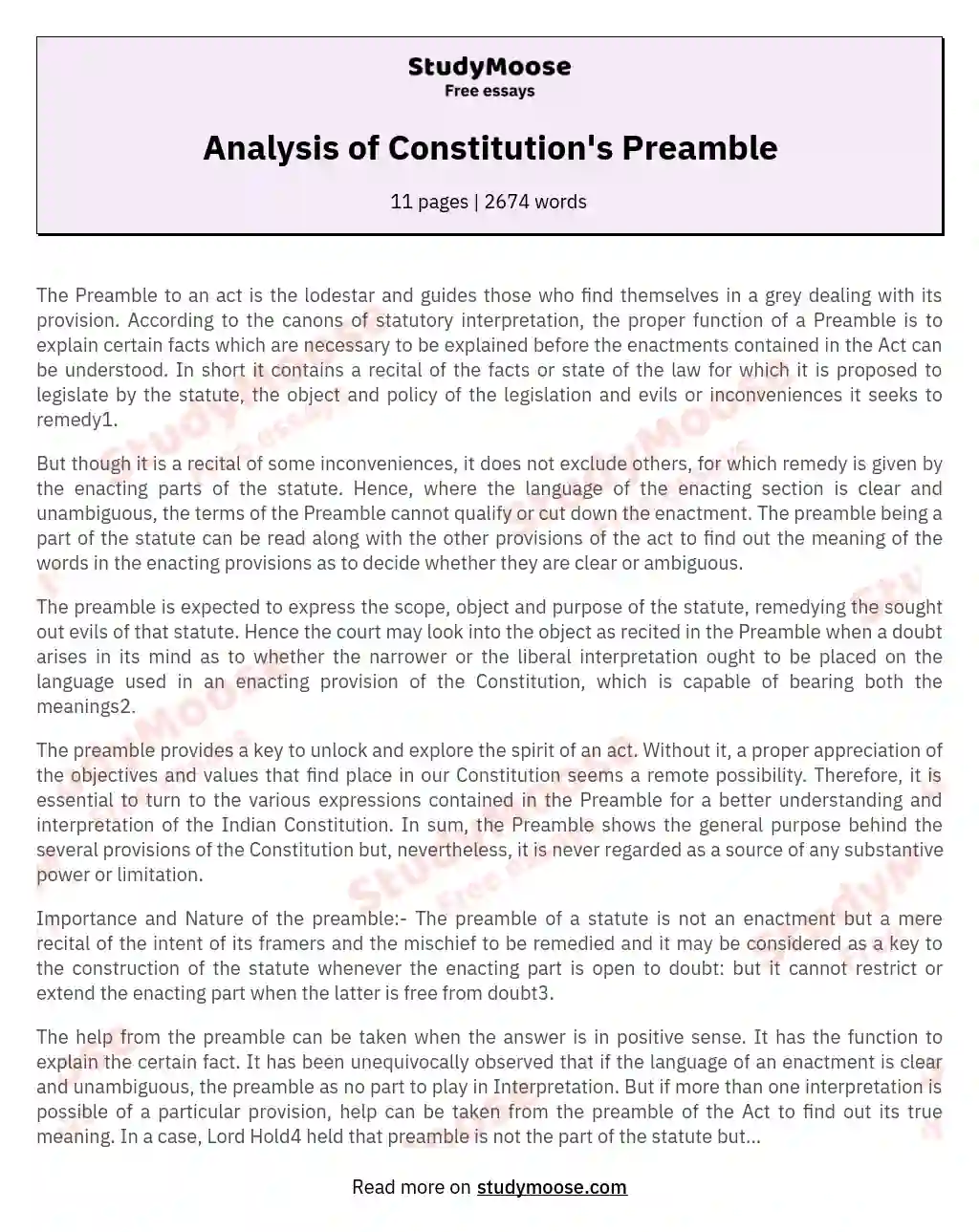 Analysis of Constitution's Preamble essay