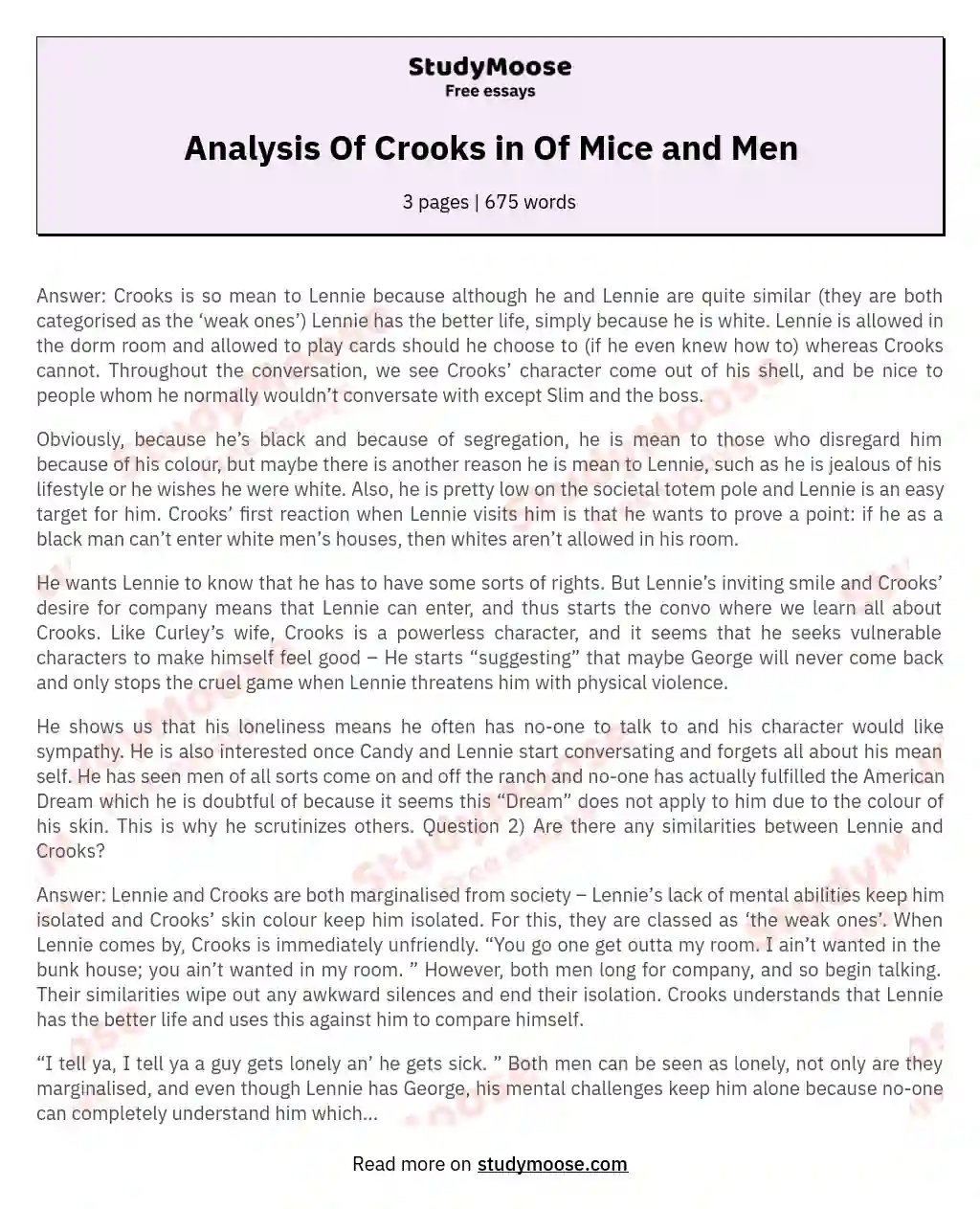Analysis Of Crooks in Of Mice and Men essay