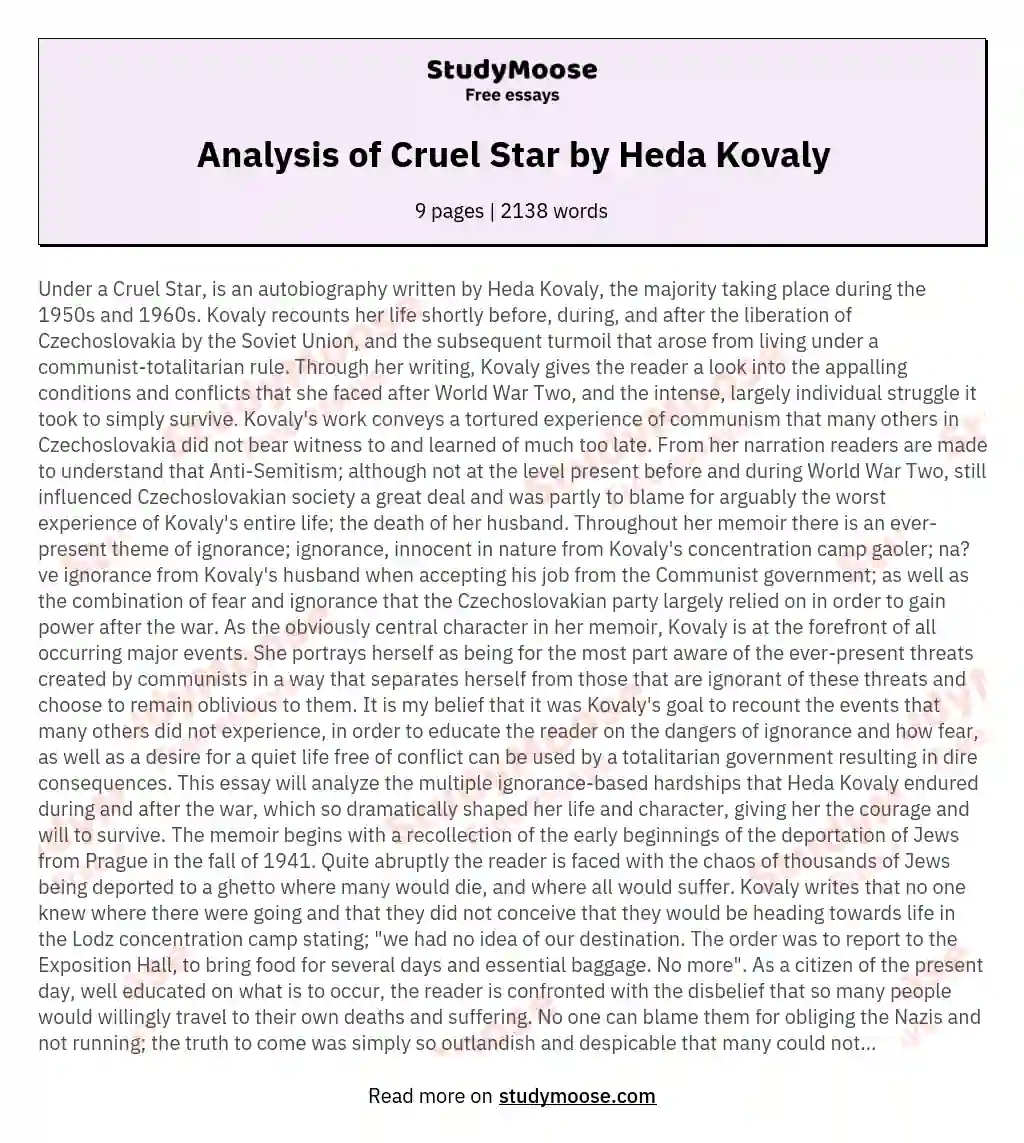 Analysis of Cruel Star by Heda Kovaly