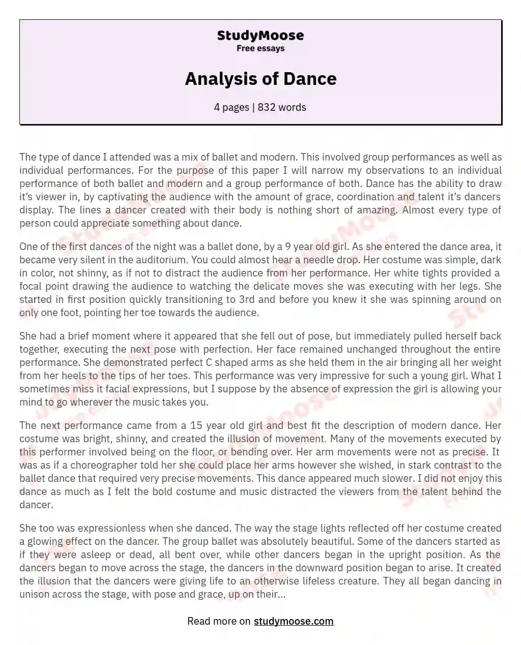 Analysis of Dance essay