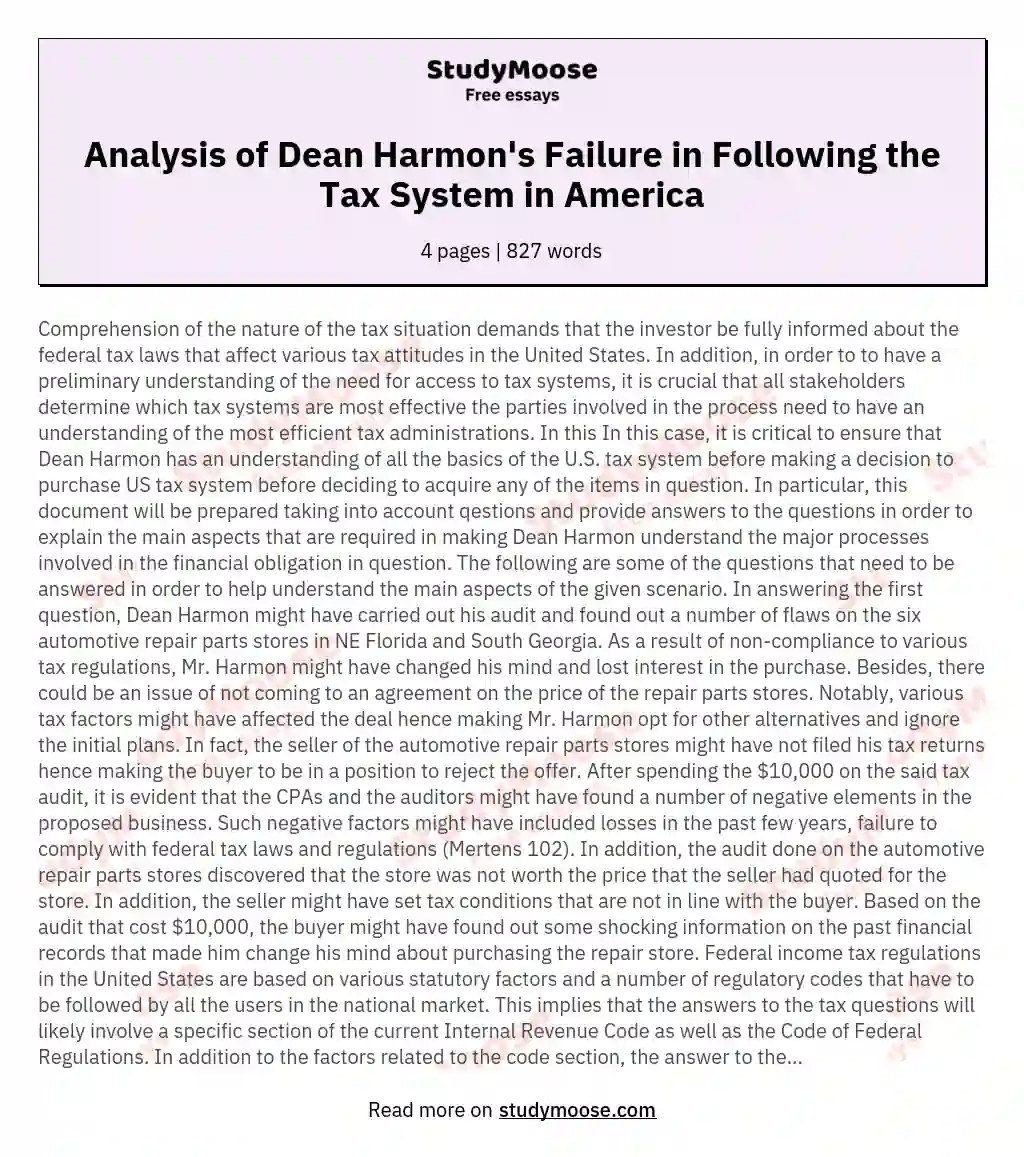 Analysis of Dean Harmon's Failure in Following the Tax System in America essay