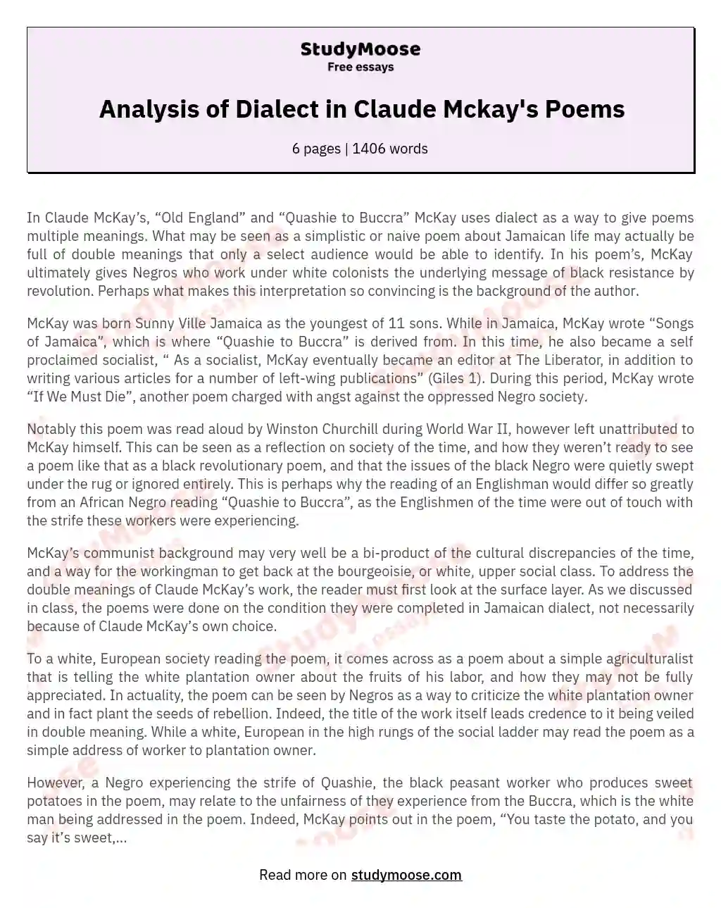 Analysis of Dialect in Claude Mckay's Poems essay